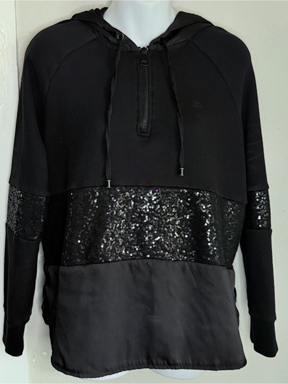 DKNY Black Sequined Satin Oversized Hoodie Women small
